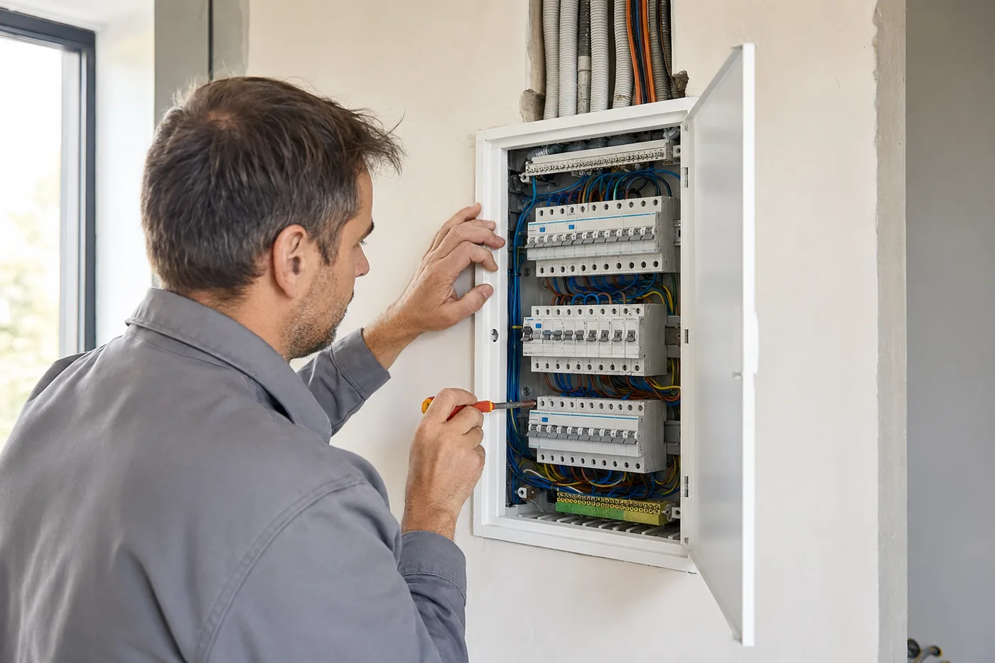 Ein Elektriker in grauer Arbeitskleidung montiert einen Sicherungskasten an einer hellen Wand, Tageslicht von links. Ein vollständig KI-generiertes Beispielbild.