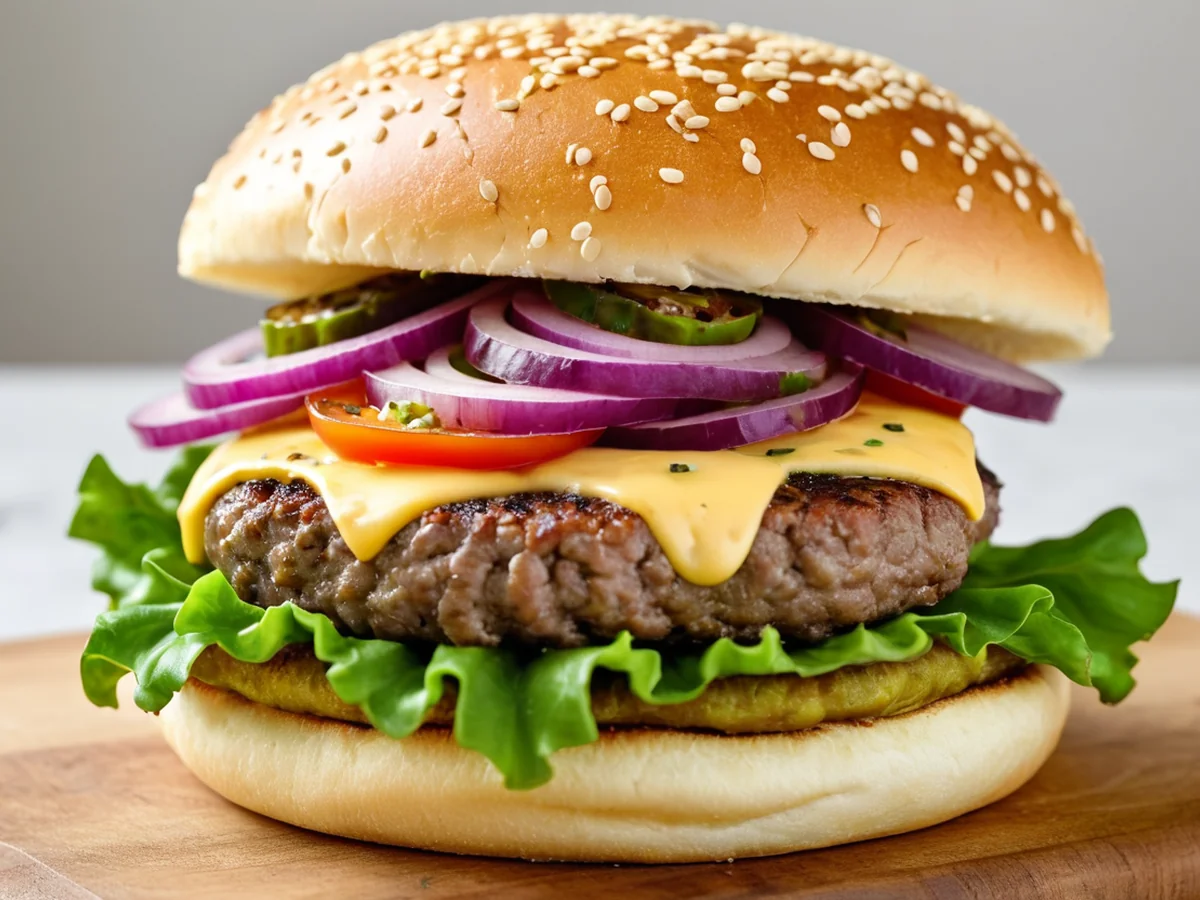 Hausburger close-up mit Salat, Tomaten und Jalapeños — handgemacht in Musterstadt