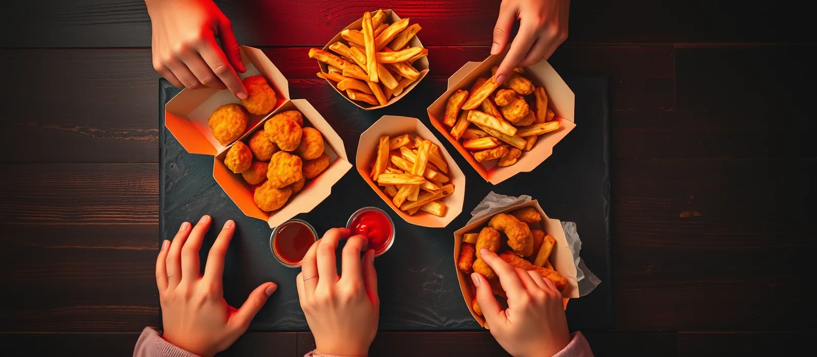 Geteilter Familientisch auf dunklem Holz mit Snack-Boxen voller Nuggets, Chicken Wings, Mozzarella-Sticks und Pommes sowie kleinen Dip-Schälchen