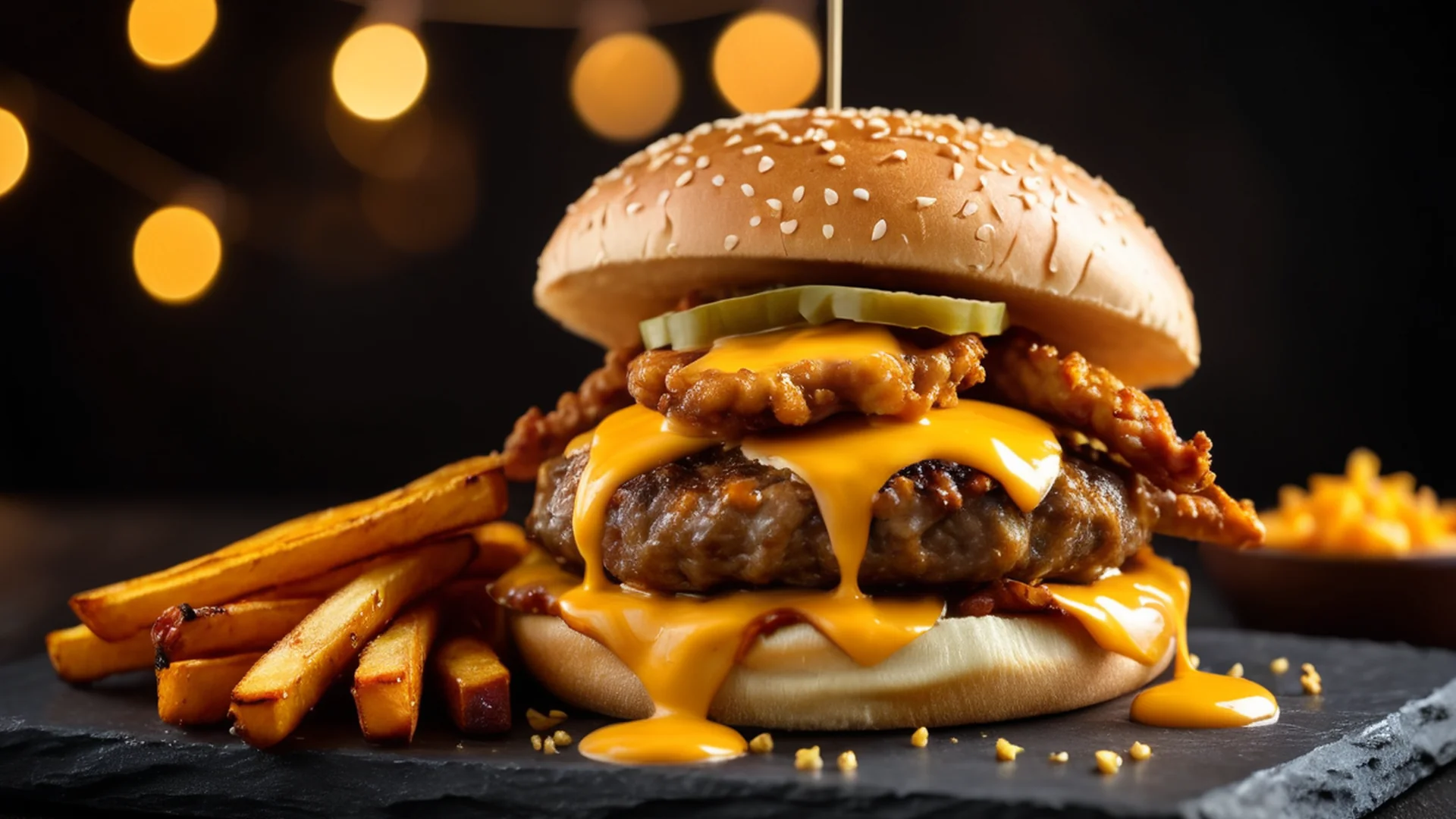 Hausburger mit Süßkartoffel-Pommes und Chicken Wings auf Schieferbrett — Stadtgrill Burger
