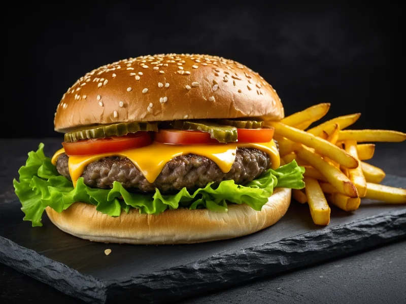 Burger mit Süßkartoffel-Pommes und Chicken Wings auf Schieferbrett — Stadtgrill Burger
