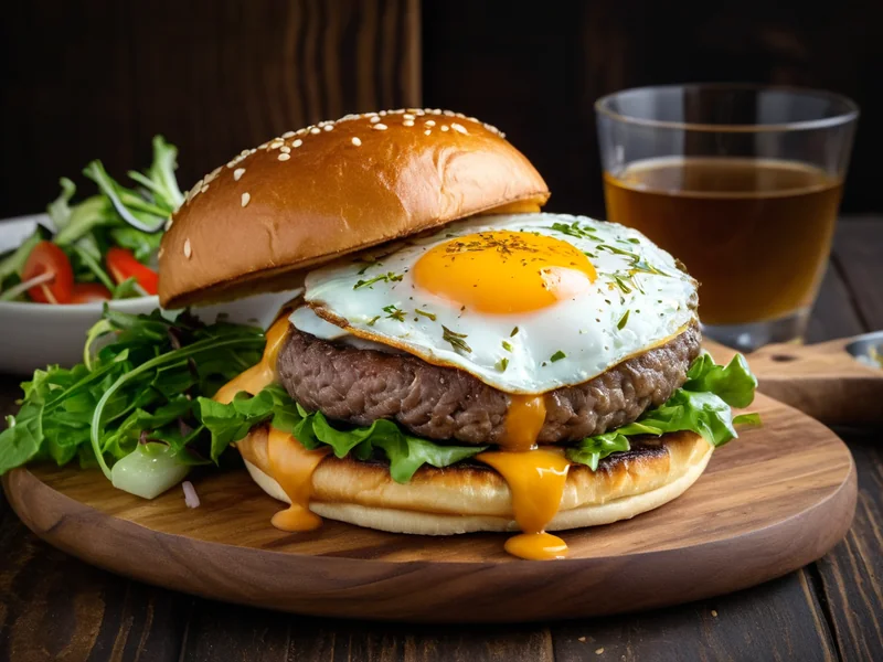 Burger auf Holzteller mit Visitenkarte — Stadtgrill Burger