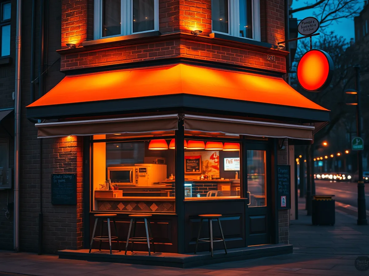 Gemütlicher Burger-Imbiss in der Abenddämmerung mit warm beleuchteten Fenstern und Barhockern an der Fenstertheke