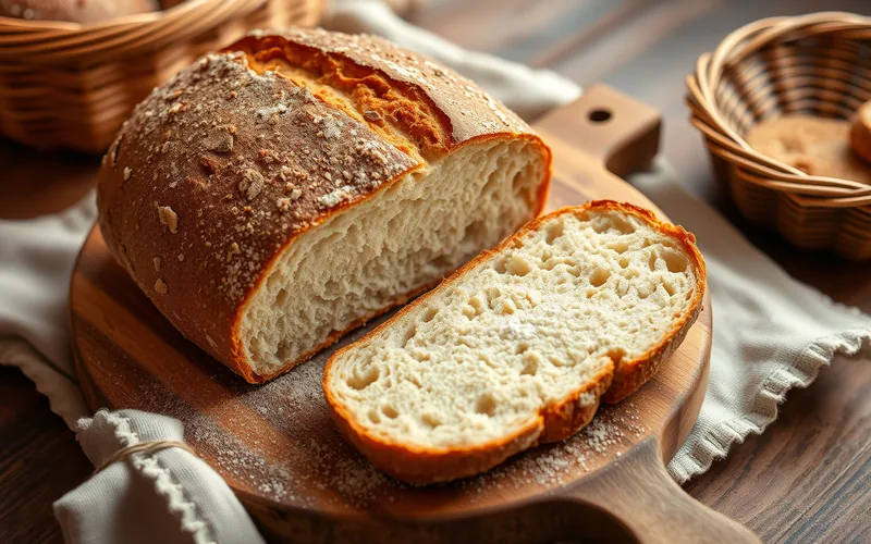 Rustikales handwerkliches Bauernbrot mit knuspriger goldbrauner Kruste, angeschnitten auf einem Holzbrett mit Mehlstaub