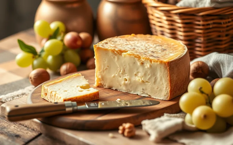 Gereifter Bergkäse als rustikaler Keil mit Naturrinde auf einem Holzbrett, daneben Walnüsse und Trauben