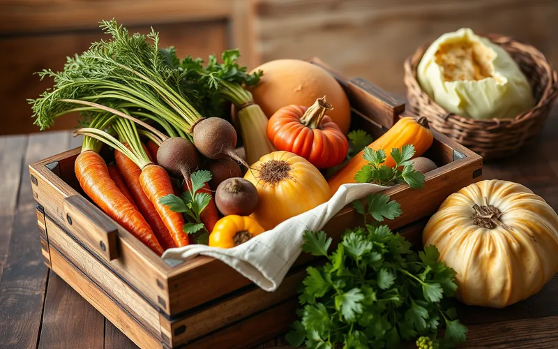 Buntes erntefrisches Saisongemüse in einer Holzkiste: Möhren mit Grün, Rote Bete, Kürbis und Kohl