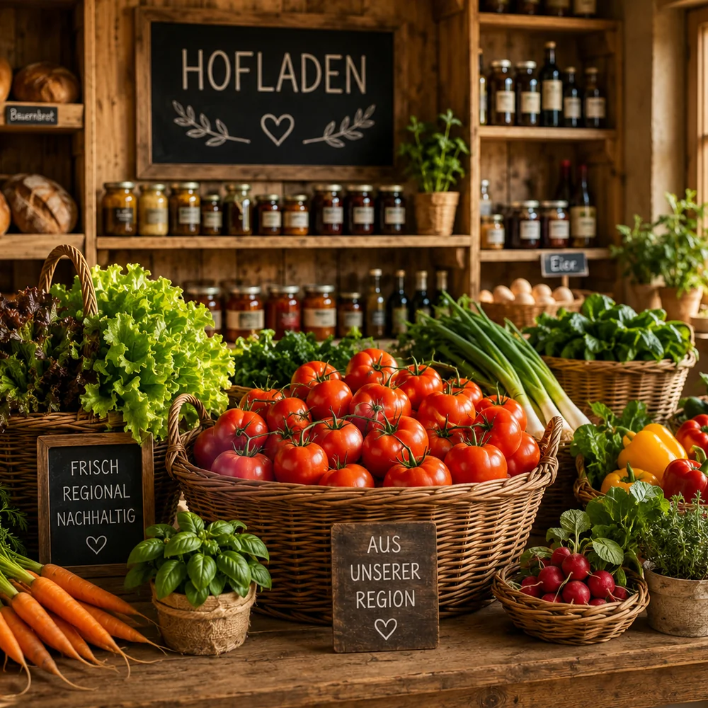 Einladender Hofladen-Marktstand mit geflochtenen Weidenkörben voller erntefrischem Gemüse und Obst im warmen Morgenlicht