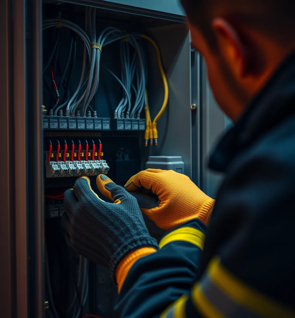 Elektriker verdrahtet einen offenen Sicherungs- und Verteilerschrank
