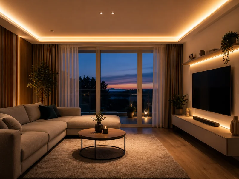 Warm beleuchteter Wohnraum mit moderner LED-Lichtplanung