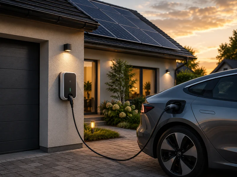 Photovoltaik-Module auf einem Hausdach mit Wallbox-Ladestation