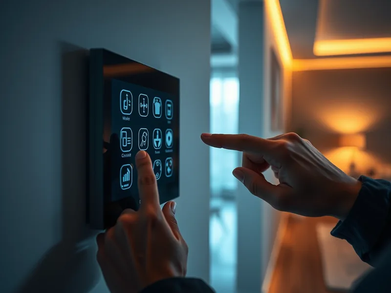 Hand bedient ein modernes Smart-Home-Wandpanel