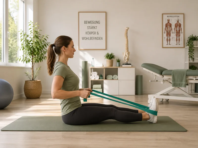 Person macht unter therapeutischer Anleitung eine Reha-Übung mit einem Theraband