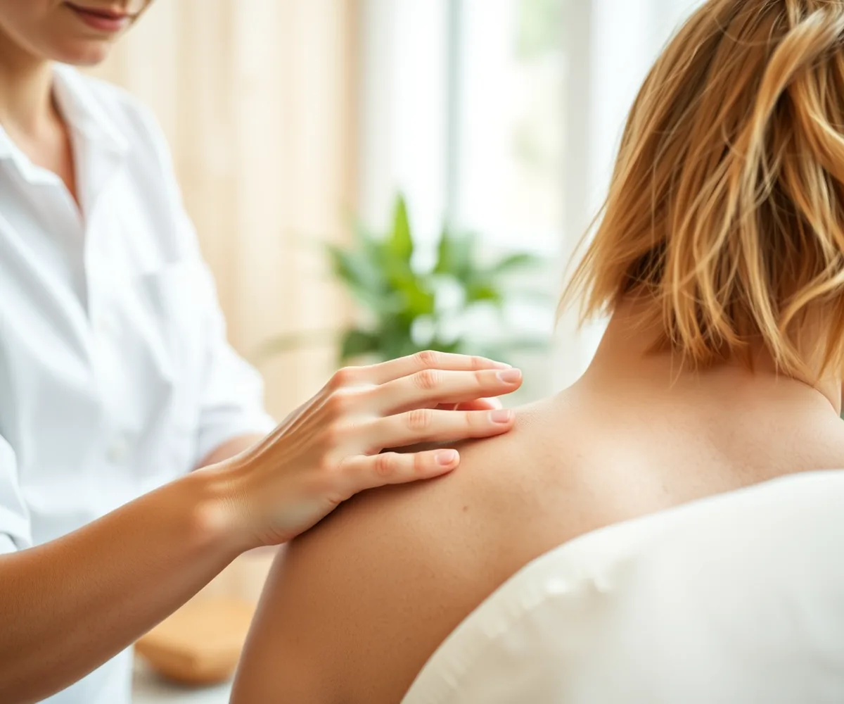 Physiotherapeutin behandelt sanft Schulter und oberen Rücken einer Person in einem hellen, ruhigen Behandlungsraum